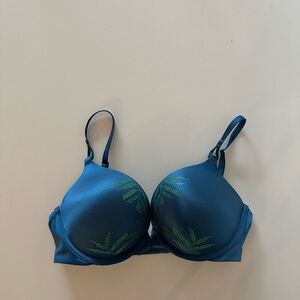 Victoria’s Secret Bombshell Push Up Bra Shine Palm Leaf Rhinestone 34C Peacock
